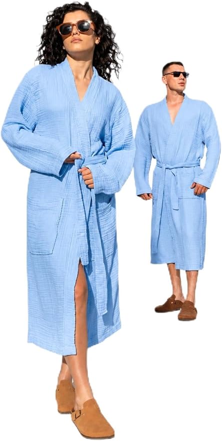 Muslin Unisex Bathrobe Women & Men, 100% Cotton Kimono Lightweight Robe | Long Robes Soft, Absorbent, Spa robes