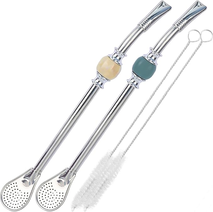 Yerba Mate Straws - Reusable Stainless Steel Bombilla Straw with Colorful Beads - Removable Head Filter (Light Brown - Ash Green)