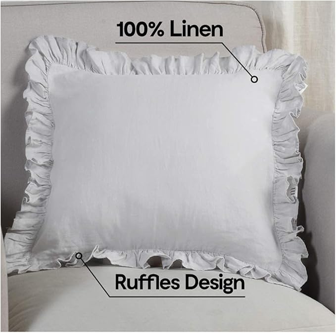 100% French Linen Throw Pillow Covers - Set of 2 - Washed Flax Decorative Ruffled Square Cushion Cover Solid Color Soft Breathable - Grey, 18'' x 18''