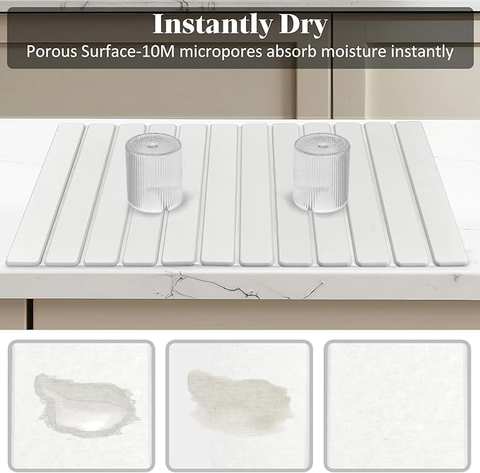 Large Stone Dish Drying Mat for Kitchen Counter, Foldable Quick Drying Dish Mats, Ultra Absorbent Diatomaceous Earth Mats for Dishes Bottles Cups, Match Any Countertop (White 24"×16" & 8"x4")
