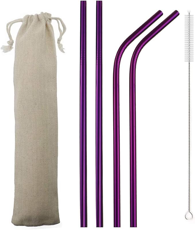 JASHII Reusable Portable Metal Straws Stainless Steel Eco-friendly Drinking Straw with Travel Cloth Bag (2 Bent 2 Straight 1 Brush),Purple