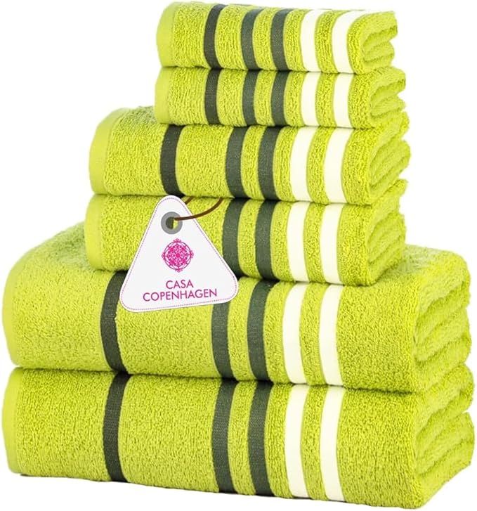 CASA COPENHAGEN Exotic 6 Pieces Towel Set- Lime Green, 525 GSM 2 Bath Towel 2 Hand Towel 2 Washcloth, Designed in Denmark Made of Soft Egyptian Cotton for Bathroom, Kitchen & Shower