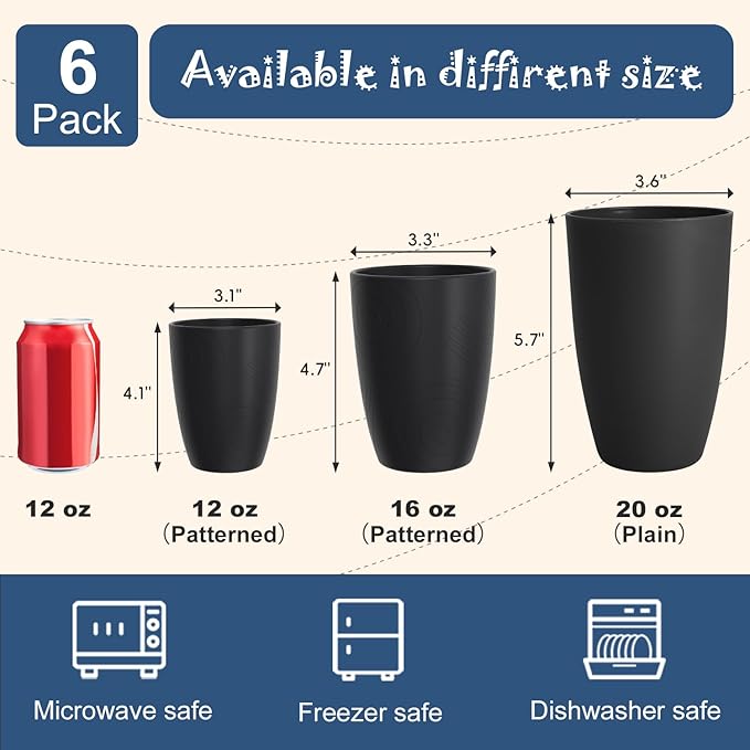 Wheat Straw Drinking Glasses Set of 6, Unbreakable 16 OZ Water Cup with Unique Pattern, Alternative to Plastic Reusable Cups for Kitchen & Outdoor, Dishwasher Safe Cup Set, Black