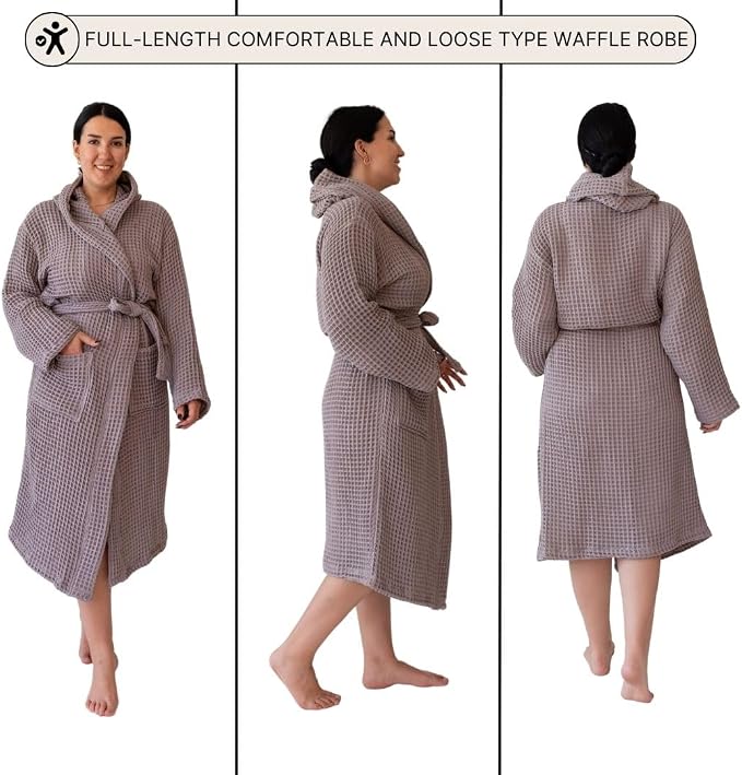Unisex Hooded Waffle Robe for Women & Men 100% Turkish Cotton | Quick-Dry Bathrobe | Cozy Housecoat for Lounging