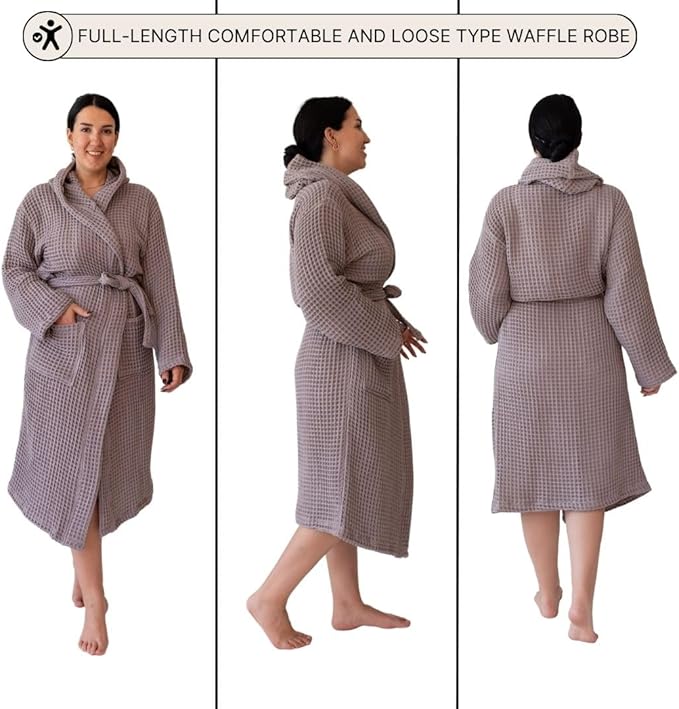 Unisex Hooded Waffle Robe for Women & Men 100% Turkish Cotton | Quick-Dry Bathrobe | Cozy Housecoat for Lounging