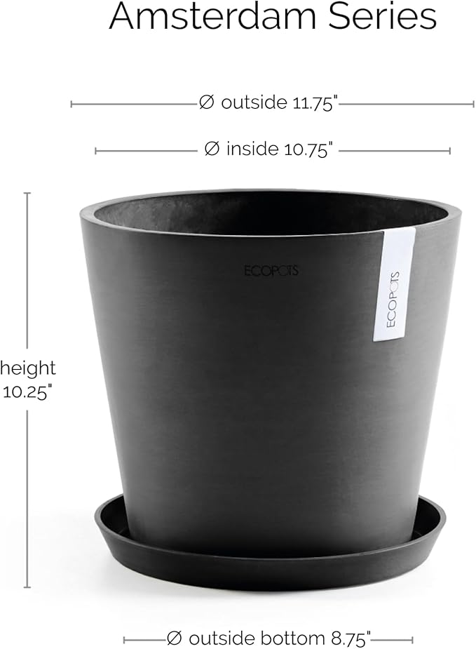 Ecopots Amsterdam Durable Modern Round Indoor/Outdoor Recycled-Based Composite Flower Pot Planter w/Water Reservoir, Dark Grey, 12"