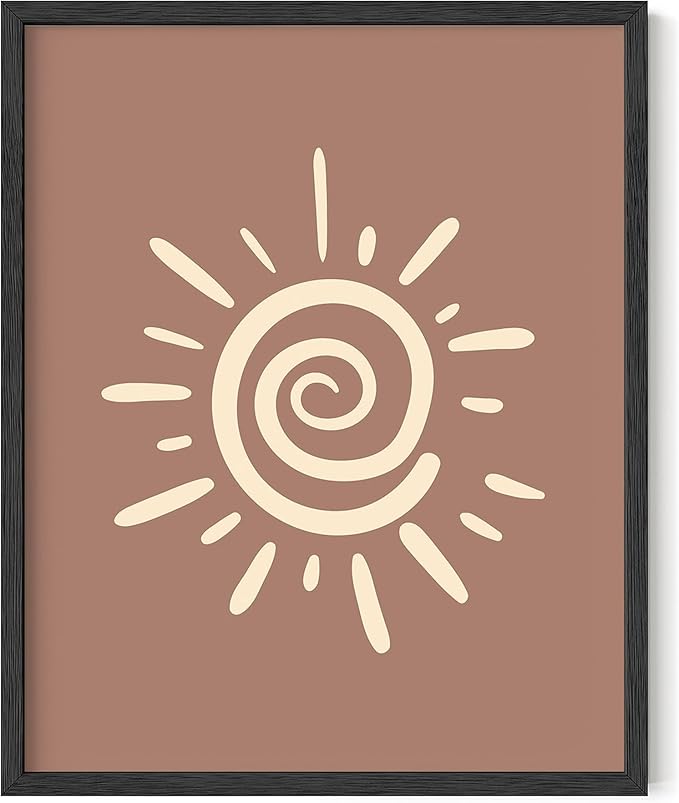 Abstract Spiral Sun Wall Art Swirl Sunburst Print Earth Tones Terracotta Tan Mid Century Modern 16x20 Inch Oak Wood Black Framed Tribal Boho Decor for Living Room