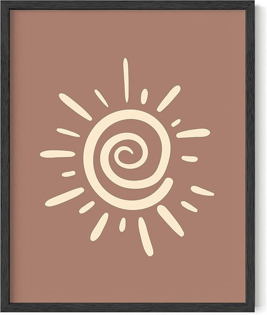 Abstract Spiral Sun Wall Art Swirl Sunburst Print Earth Tones Terracotta Tan Mid Century Modern 16x20 Inch Oak Wood Black Framed Tribal Boho Decor for Living Room