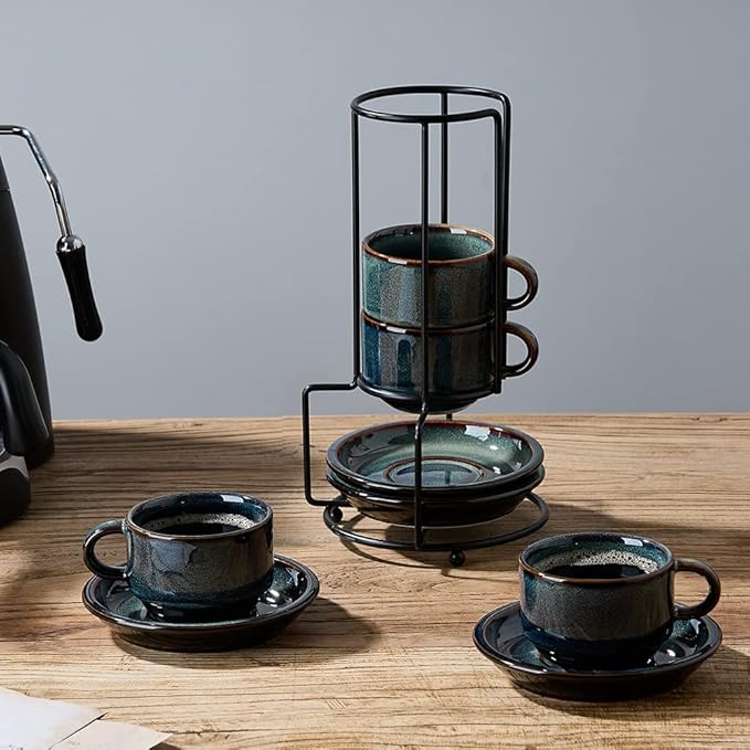 JIEMEI HOME Porcelain Stackable Espresso Cups with Saucers and Metal Stand, 4 Ounce Demitasse Cups for Specialty Coffee Drinks, Latte, Tea Set of 4, Stackable Espresso Mugs, Kiln Tide Glaze
