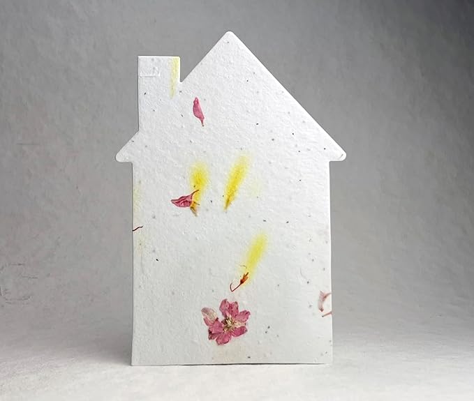 Of The Earth Handmade Paper - Wildflower Seed Paper House Shaped Cards - w/Seeds & Petals - 5" x 7" - Set of 8 - Guides & Envelopes Included (37s Pink & Safflower)