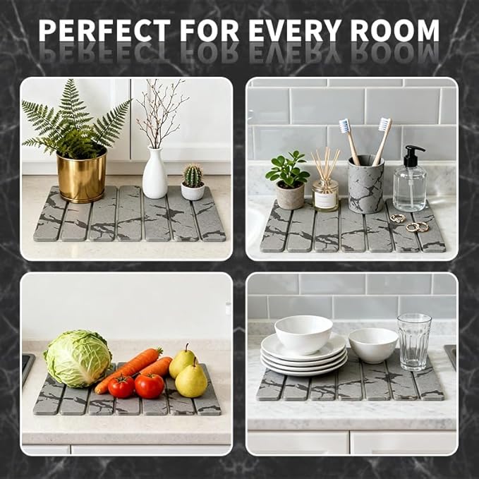 Stone Dish Drying Mat for Kitchen Counter, Quick Dry Diatomaceous Earth Dishes Mat, Foldable Water Absorbing Drying Organizer Pad for Plate Rack Bottles Utensils, Light Gray, 30x40 cm