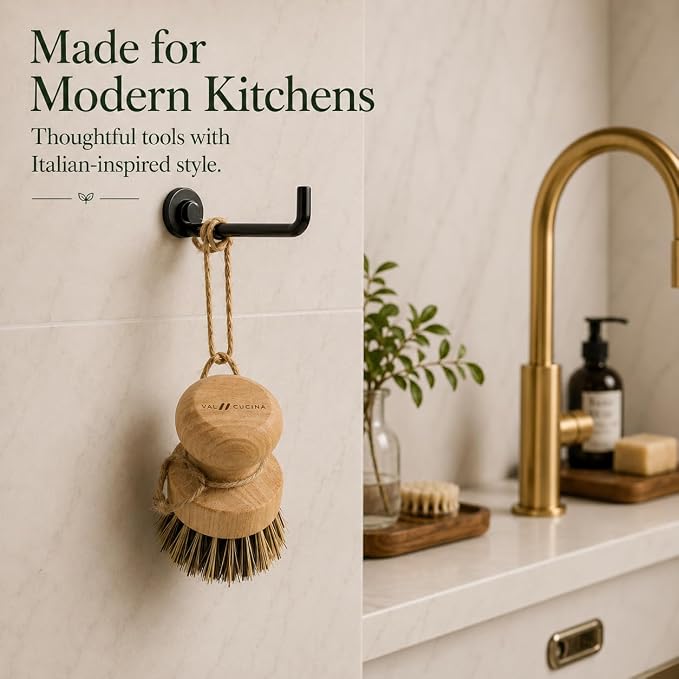 VAL CUCINA Natural Bamboo Dish Brush 2 PCS - Eco-Friendly Wooden Scrub Brush for Dishes, Pots, Pans and Cast Iron Skillet - Plant-Based Sisal & Coconut Bristles Kitchen Sink Scrubber