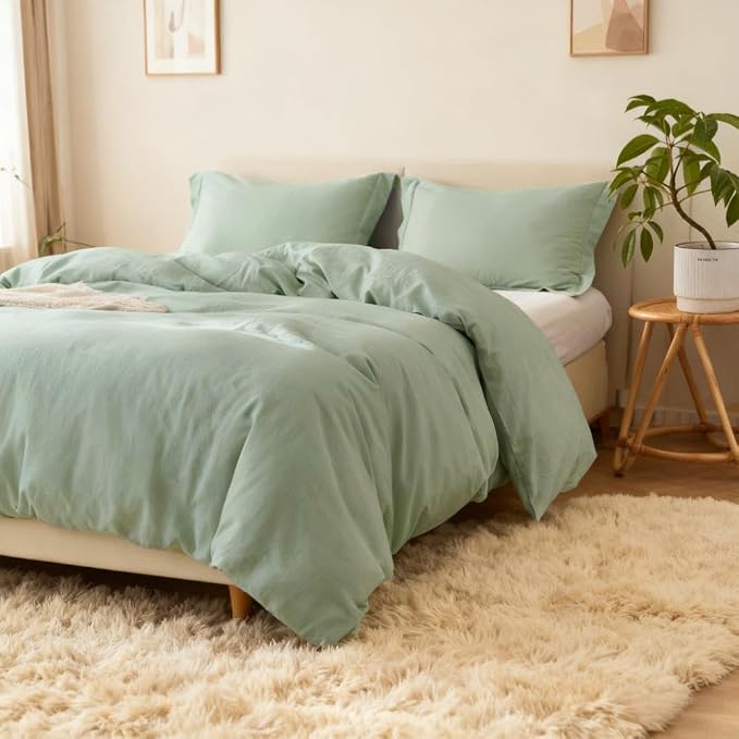Simple&Opulence French Linen Duvet Cover Set 78" x 86"- 3 Pieces (1 Comforter Cover,2 Pillowcases)- Natural Flax Cotton Blend-Solid Color Breathable Farmhouse Bedding-Mint Green, Full
