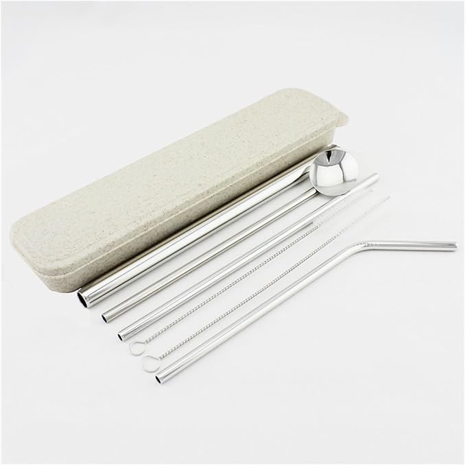Stainless Steel Straws Spoon Drinking Straws Reusable Set of 6 Bent and Straight Cleaning Brush Included