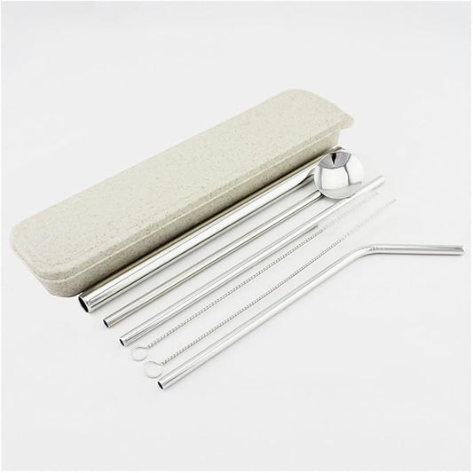 Stainless Steel Straws Spoon Drinking Straws Reusable Set of 6 Bent and Straight Cleaning Brush Included