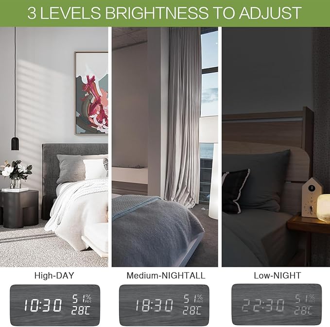 KeeKit Digital Wooden Alarm Clock, Electronic LED Desktop Clock with Temperature Humidity Time Display, 3 Alarm Settings, Voice Control, 3 Levels Adjustable Brightness for Home, Bedroom, Office