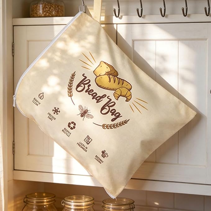 2 Pack Beeswax Bread Bags with L-Shaped Zipper, X-Large Easy-Access Reusable Wrap for Sourdough & Baguettes, Sustainable Organic Cotton Food Storage, Zero Waste Artisan Bread Protector