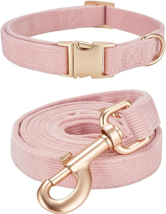 Soft Corduroy Dog Collar and Leash Set Adjustable Durable Dog Collars with Metal Buckle and Lead for Female Medium Dogs,Baby Pink