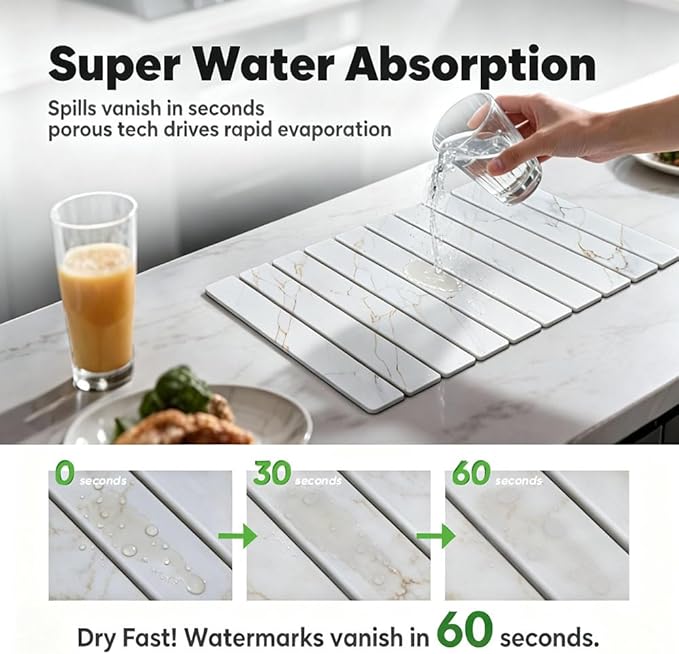 Stone Drying Mat for Kitchen Counter, Quick Diatomaceous Earth Mats for Dishes, 24"L x 16" W Super Absorbent Fast-Drying Collapsible Countertop Stone Mat (Marble Gold White, 24" x 16")