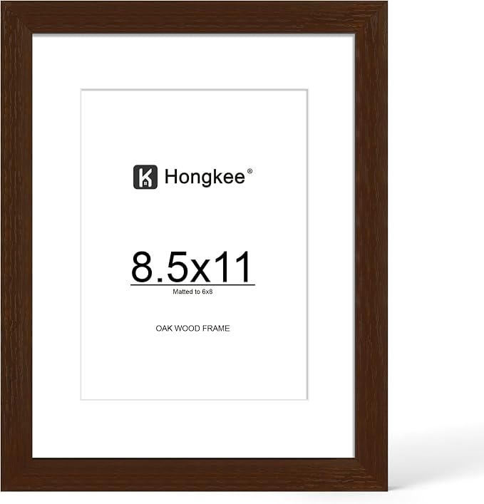 Hongkee 8.5x11 Oak Wood Picture Frame 1 Pack(Matted 6x8), Real Glass Cover | Walnut, 8.5 x 11 Solid Wood Frame for Wall or Tabletop Display - Includes Easel Back, Vertical Hang - Ideal for Home, Office