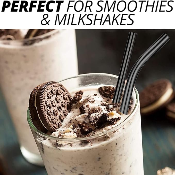 Vinaco Reusable Smoothie Straws & Milkshake Straws 0.4" Wide Mouth Straw, Set of 6 Stainless Steel Straws 8.5"&10.5" with 1 Long Straw Cleaner Brush，Black Metal Straws for Jumbo Thicker Drinks