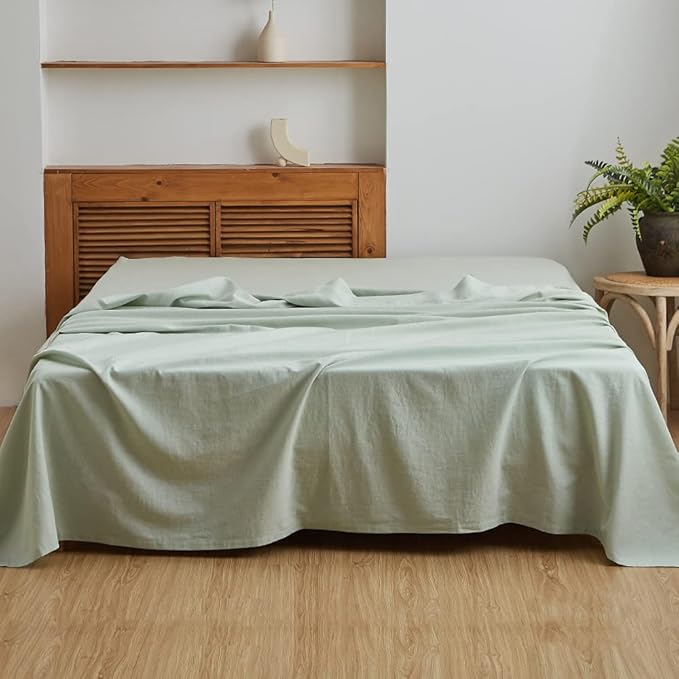 BISELINA Linen Sheet French Flax Flat Sheet Only 55% Euro Linen 45% Cotton Basic Style Solid Color Soft Breathable Farmhouse Top Sheet 1-Piece (King, Mint Green)