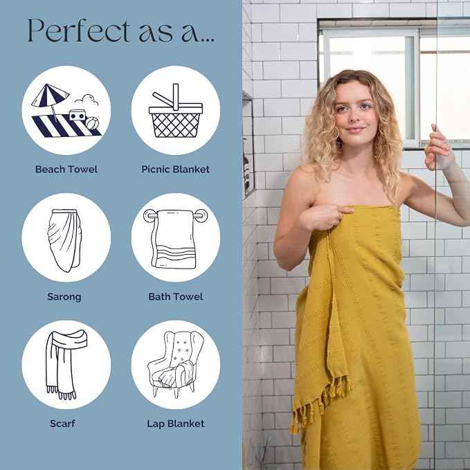 InfuseZen Stonewashed Turkish Cotton Bath and Beach Towel - Golden Yellow | 100% Organic, Thin, Soft, Lightweight, Absorbent, Quick-Drying, Large Peshtemal, Sand-Resistant for Shower, Pool, Spa, Travel