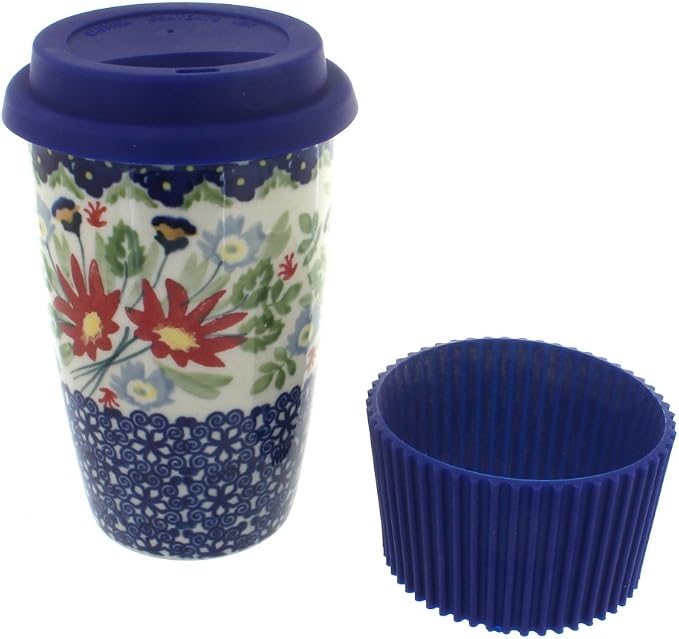 Blue Rose Polish Pottery - Red Jungle Bouquet Travel Coffee Mug - 12 oz - Mug for On-The-Go, Fits Most Car Cup Holders