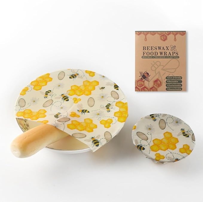 Reusable Beeswax Food Wraps for Fruits, Organic Cotton Beeswax Wrap Set, Zero Waste Eco-Friendly Alternative to Plastic Wrap, BPA-Free, for Fruit, Vegetable, Bowl Cover (3 Pack: S/M/L)