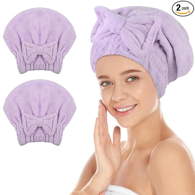 SUNLAND Large Microfiber Hair Drying Caps with Bow Knot Fast Drying Shower Cap Soft and Absorbent hairWrap Hair Turban Bath Caps for Curly Thick and Wet Hair
