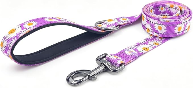 Dog Collar Leash Set, Floral Pattern, with Safety Reflective Strips, 5 ft Matching Leash, Neoprene Padded Handle, Adjustable 4 Sizes for Small Medium Large Dogs.(L, Purple Daisy)