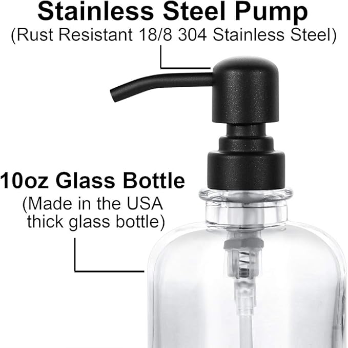 2 Pcs Thick Clear Glass Jar Hand Soap Dispenser Bathroom with Matte Black Stainless Steel Pump, 12ounce Clear Boston Round Bottle Dispenser with Rustproof Pump for Kitchen Dish