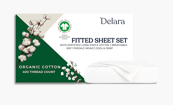 100% Organic Cotton Percale Weave Sheet, 400 Thread Count GOTS Certified, Smooth & Moisture-Wicking, Soft & Silky Breathable Bedding (White, Twin - 2 Piece NO Flat Sheet)