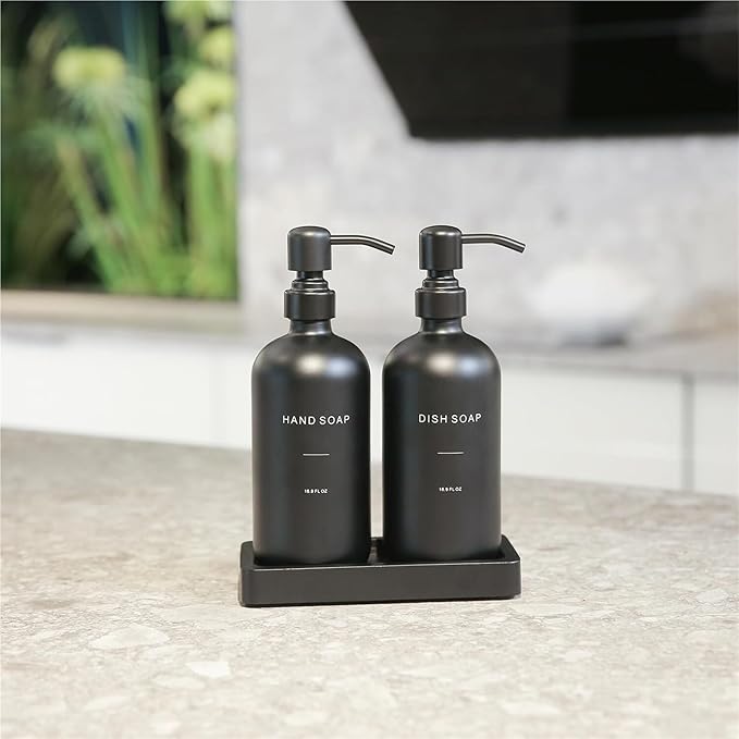 Liquid Dispenser Soap Dispenser Set Glass with Stainless Steel Pump Countertop Soap Bottle(Black Bottle+Black Pump)