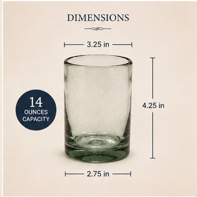 Aztecas Design Handblown Recycled Glass Drinking Glasses, Clear, Set of 4, Classic Style (16oz)