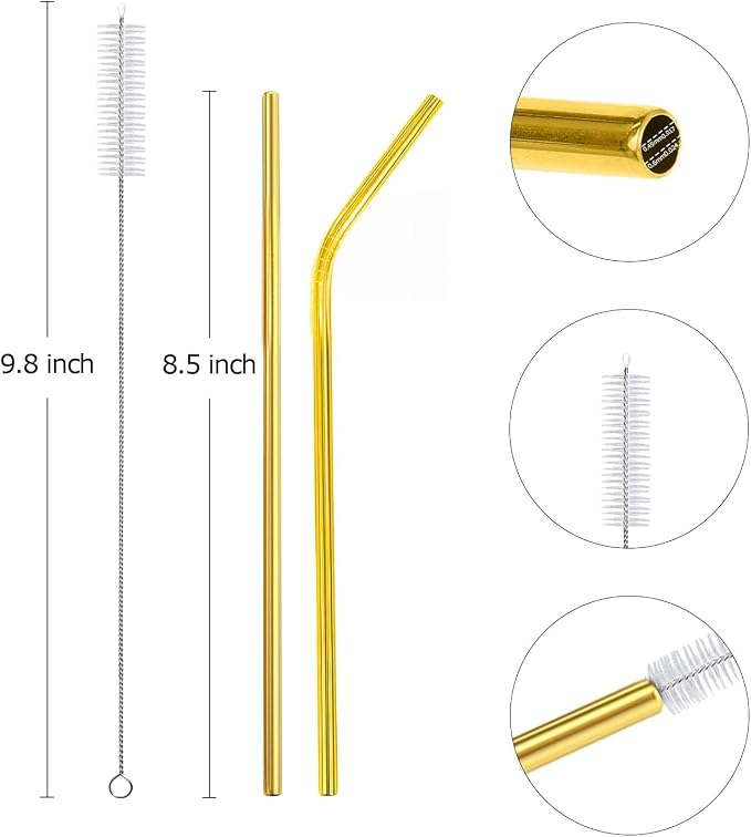12 Pack 8.5" * 0.24" Stainless Steel Straws with 2 Cleaning Brushes, 6 Straight + 6 Bent Mental Straws, Compatible with 20oz Tumblers (Silver/Black/Gold/Rose Gold/Purple/Rainbow)
