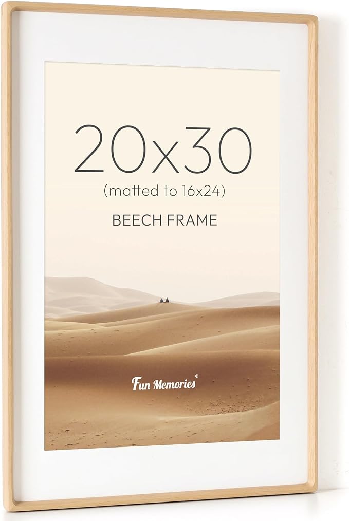 20x30 Poster Frame, USA-Sourced Beech Wood Picture Frame with HD Tempered Glass, Handcrafted Rounded Corner 20 x 30 Wooden Frames Matted to 16x24 Photos, Horizontal or Vertical Wall Display