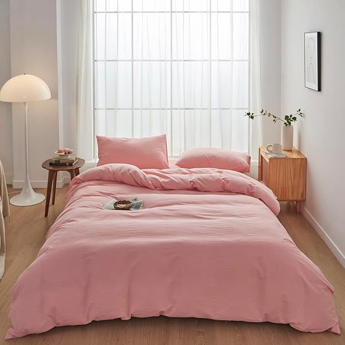 FACE TWO FACE Bedding Duvet Cover Set100% Washed Cotton Duvet Cover Linen Like Textured Breathable Durable Soft Comfy (King, Light Pink)