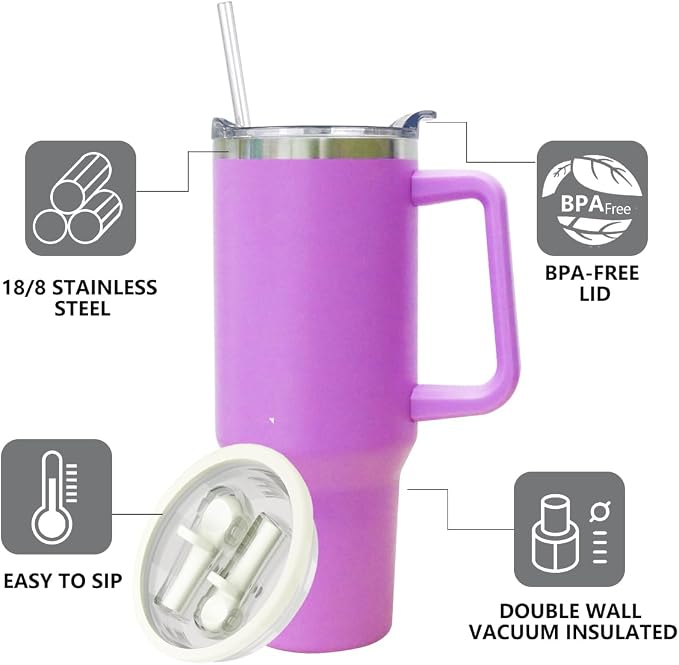 SYACOT 40 oz Tumbler with Handle and Straw Stainless Steel Insulated Tumbler Leak Proof Lid and Straw Lid Reusable Travel Mug Coffee Mug Cup Dishwasher Safe Keep Drinks Cold and Hot (Lilac)