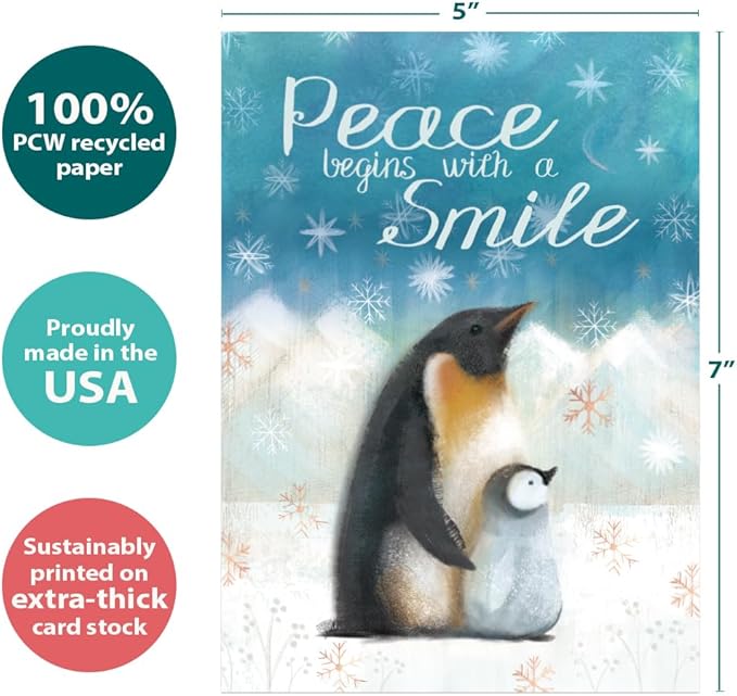 Tree-Free Greetings - Season's Greetings Greeting Cards - Artful Designs - 12 Cards + Matching Envelopes - Made in USA - 100% Recycled Paper - 5"x7" - Peaceful Penguins (HP60644)
