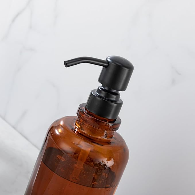 Amber Glass Soap Dispenser, 17oz 500ml Refillable Liquid Hand Soap Dispenser, 304 Stainless Steel Pump Leakproof Lotion Container for Bathroom Kitchen Sink Vanity Countertop