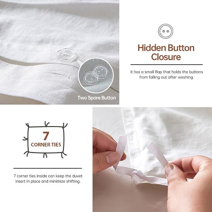 Simple&Opulence French Linen Duvet Cover Set 104"x 92"- 3 Pieces (1 Comforter Cover,2 Pillowcases)-Natural Flax Cotton Blend-Solid Color Breathable Farmhouse Bedding-Off White, King