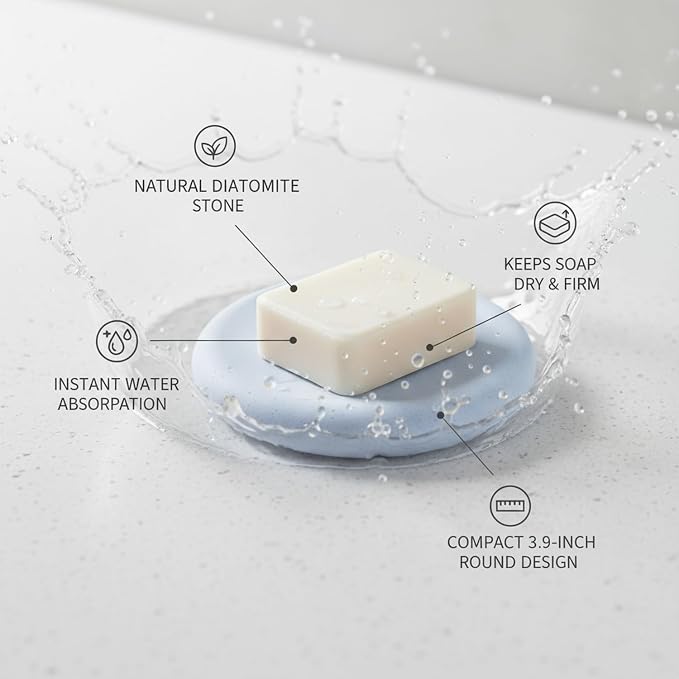 Round Diatomite Soap Dish for Bathroom Sink, Porous Stone Bar Soap Holder Tray, 3.9 Inch Diameter