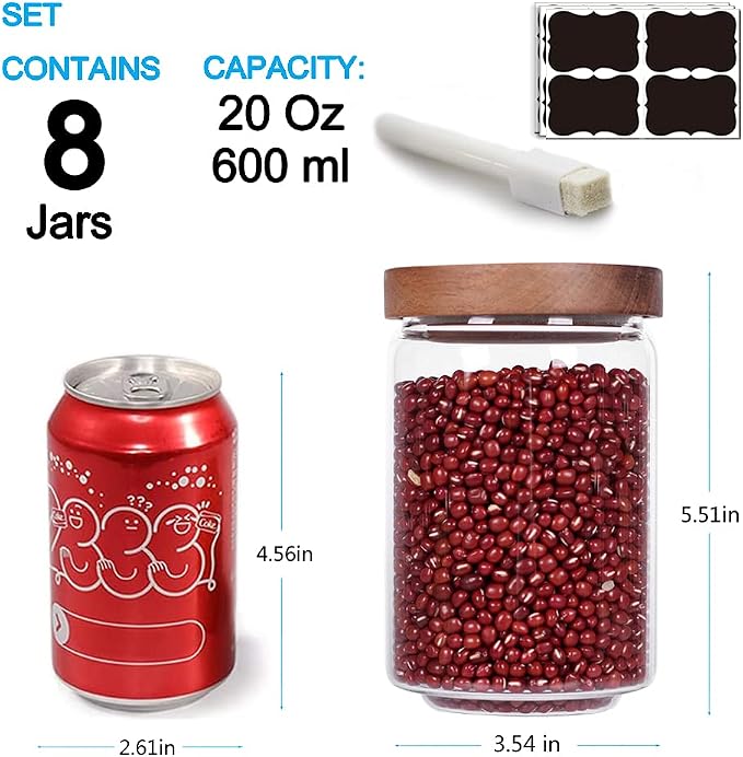 SAIOOL Stackable Kitchen Canisters Set of 8,High Borosilicate Glass Cylinder Airtight Food Storage, sort out the tea, flour, candies, grain easily and clearly | Cylinder Shape, Airtight Food Storage, For Tea, Flour, Candies, Grain, Clear Visibility