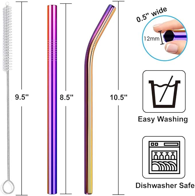 Vinaco Reusable Smoothie & Milkshake Straws, 0.5'' Wide Stainless Steel, 10.5'' & 8.5'' Long, 6 Pack with 1 Cleaner