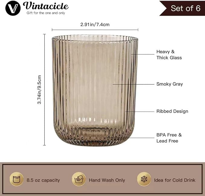 Smokey Gray Ribbed Highball Glasses Set of 6, 8.5oz Vintage Highball Tumblers,Colored Drinking Glasses for Water,Juice,Coffee,Cocktails,Gray Glassware,Housewarming & Party Gift