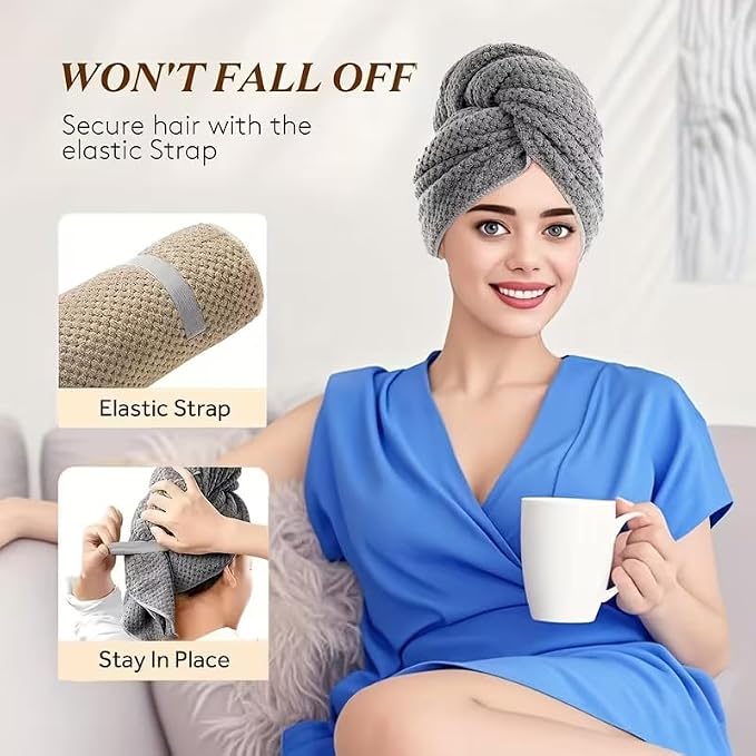 OHOO Super Absorbent Microfiber Hair Towel for Women Large Hair Drying Towel Wrap for Hair Care Fast Drying Hair Turbans with Elastic Gray