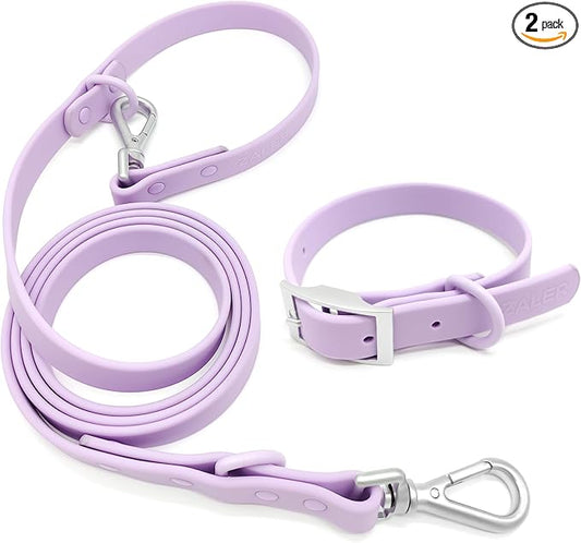 ZALER Dog Collar and Leash Set, Waterproof Adjustable Odor Proof Pet Collars Leashes Easy to Clean, 6FT Dog Leash with 2 Hooks for Large, Medium Small Dogs (XS, Purple)