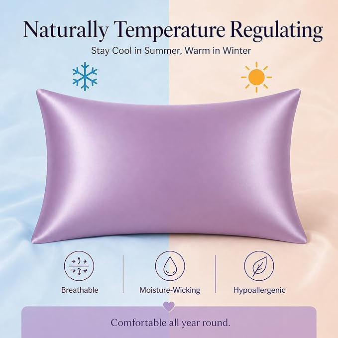 100% Mulberry Silk Pillowcase for Hair and Skin Made in USA, Pure 22 Momme Silk, Acne Pillowcase with Zipper, Hypoallergenic, Cooling, Anti Wrinkle, 1 Pc 20"x26" (Standard, Purple)