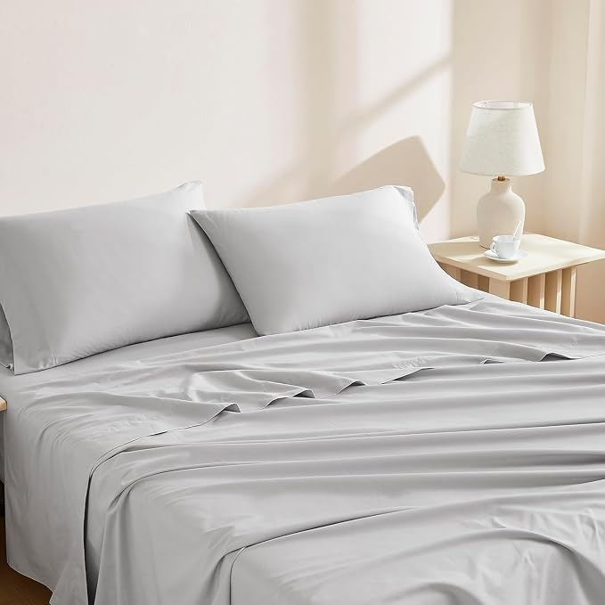 Linen Closet 100% Organic Cotton King Size Sheets Set, 4 Pcs, Light Grey - Percale Bed Sheets & Pillowcases Set - Up To 16" Deep Pocket Fitted Sheet - Cooling, Crisp & Breathable - For Hot Sleepers
